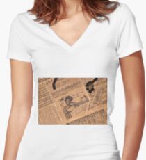 Collaged Patchwork Of Vintage Music Magazine Pages Women's Fitted V-Neck T-Shirt