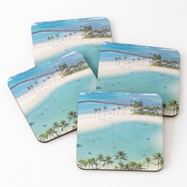 Item preview, A closed-off sea inlet with people on kayaks and small boats surrounded by a palm-fringed beach.  designed and sold by Design Repo.