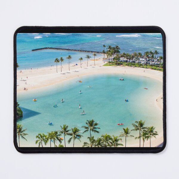 Item preview, A closed-off sea inlet with people on kayaks and small boats surrounded by a palm-fringed beach. designed and sold by Design Repo.