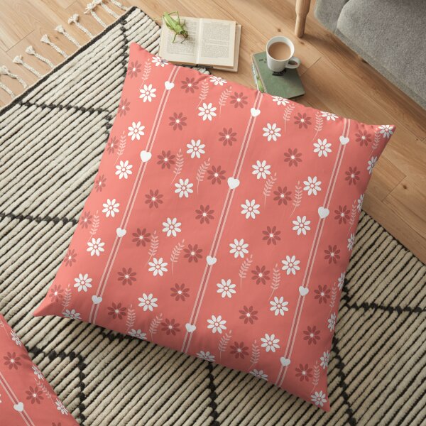 Salmon Flowers and Hearts Floor Pillow