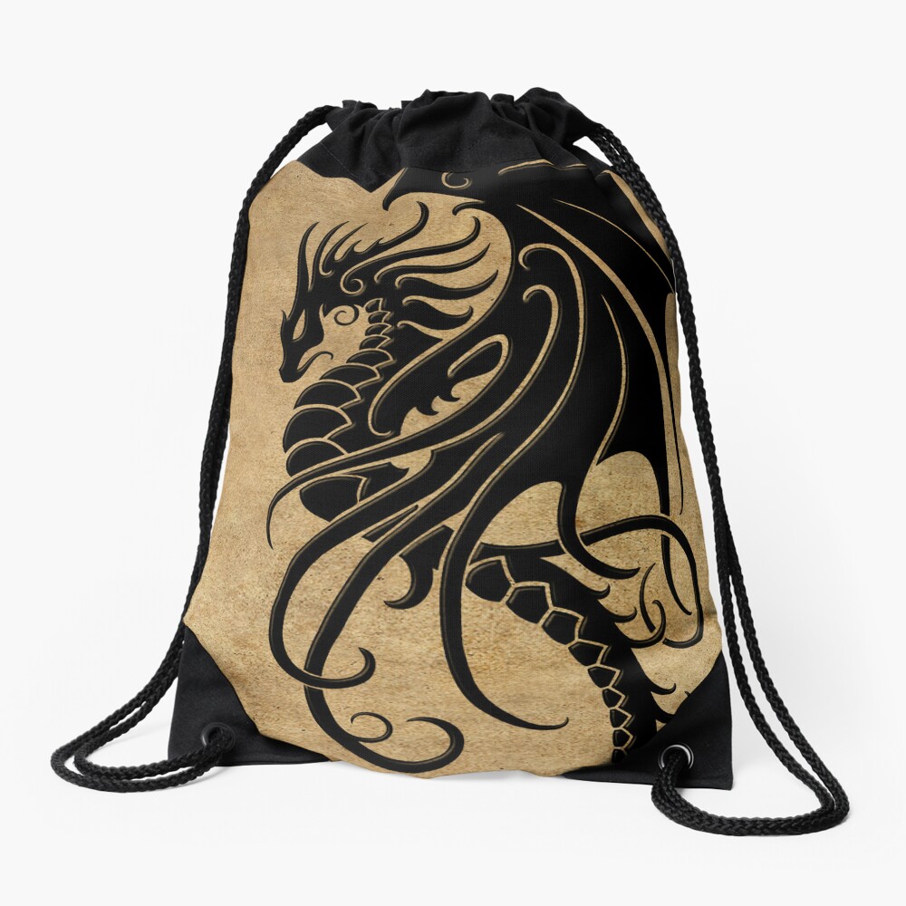 Flying Black Tribal Dragon Drawstring Bag