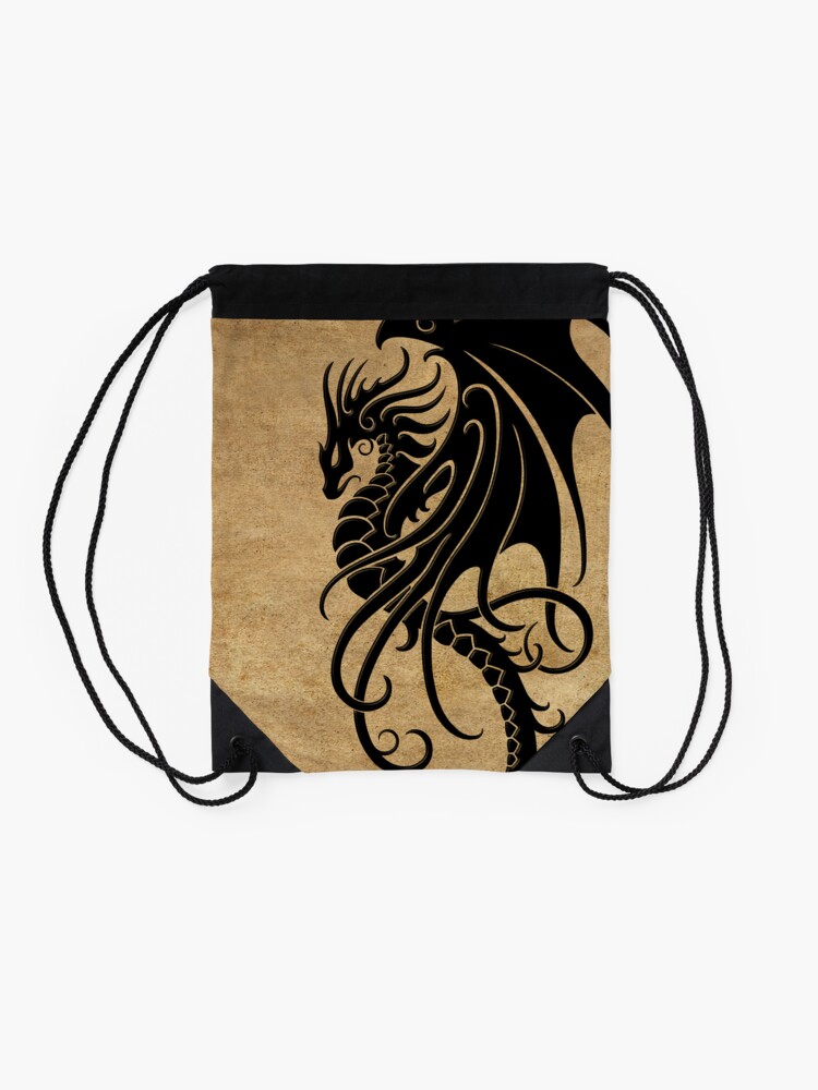 Alternate view of Flying Black Tribal Dragon Drawstring Bag