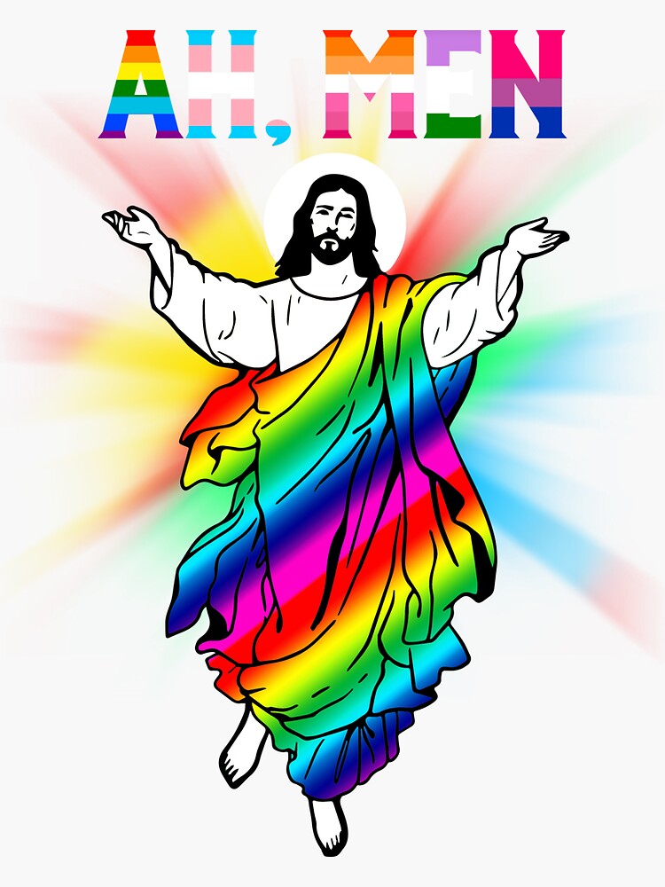 Ah Men Funny Lgbt Gay Pride Jesus Rainbow Flag Christian Sticker For