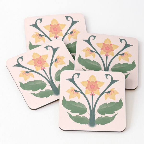 Item preview, Art Nouveau Daffodil Lillies Flowers Plants Symmetrical 1920s Ornamental Pattern Green Yellow Orange Leaves designed and sold by marie-inks.