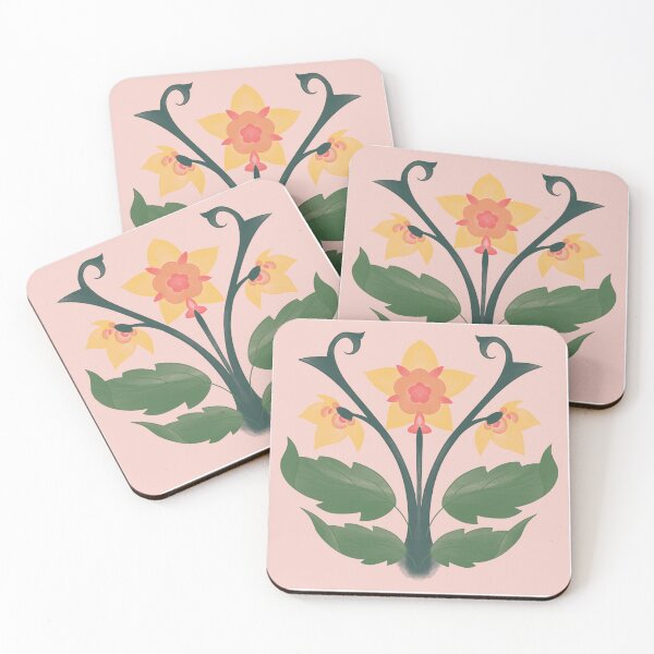 Item preview, Art Nouveau Daffodil Flowers Plants Symmetrical 1920s Ornamental Pattern Orange Yellow green leaves Tile designed and sold by marie-inks.