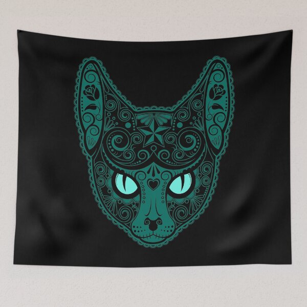 Item preview, Decorated Teal Blue Sugar Skull Cat designed and sold by JeffBartels.