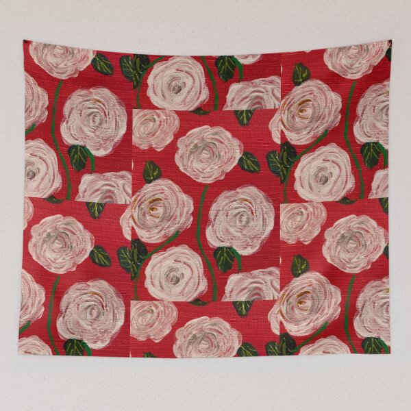 Artikelvorschau, Weiße Rosen auf rotem Hintergrund entworfen und verkauft von Ruth Breen Artwork .