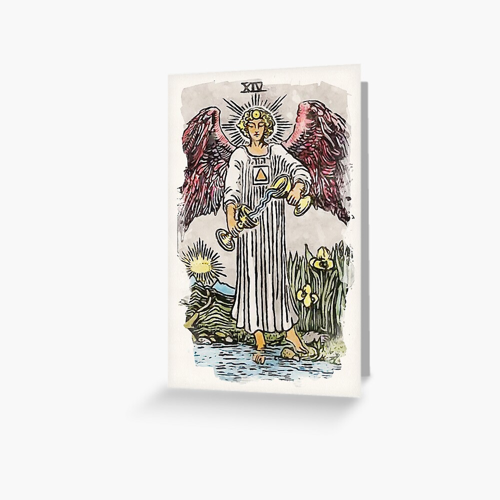 Temperance Major Arcana Rider Waite Smith Tarot Card Watercolor Painting Greeting Card By