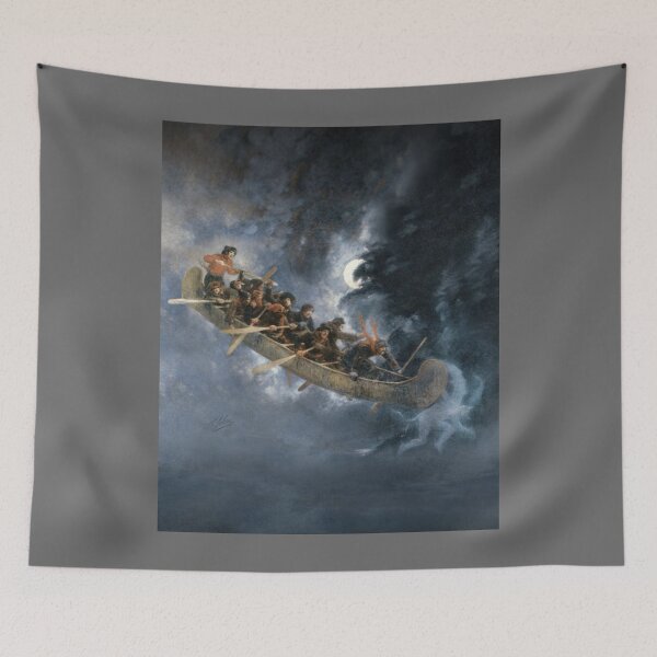 Item preview, La Chasse-galerie The Bewitched Canoe The Flying Canoe French-Canadian Quebec legend painting by Hen designed and sold by ElsaHoeger.