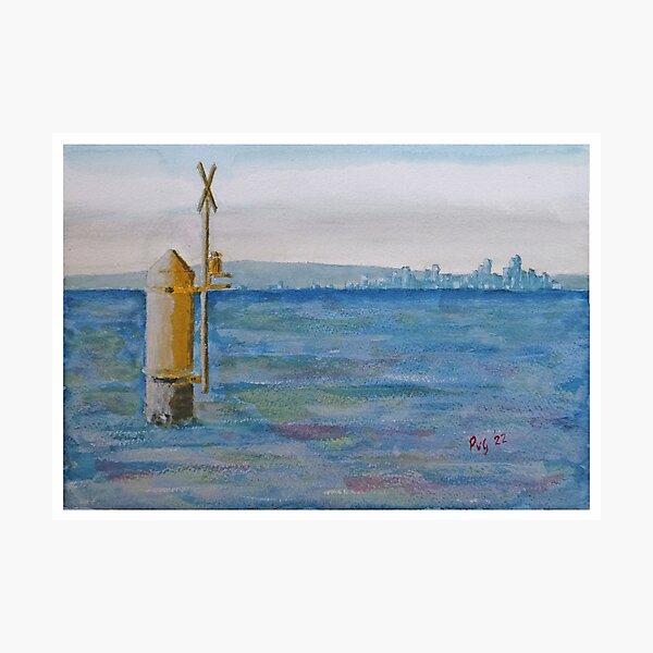 Item preview, Melbourne Skyline from Indented Head Victoria - Watercolour designed and sold by Paul Gilbert.