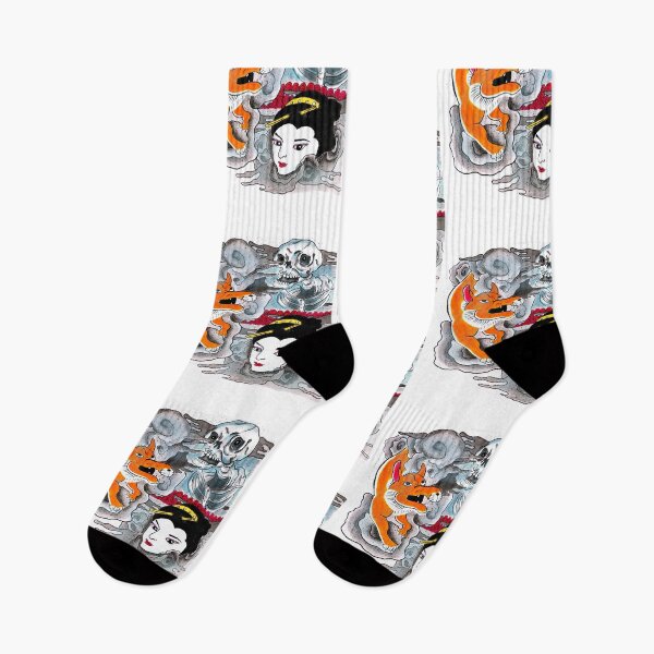 Item preview, Geisha Fox Skeleton Japanese Traditional Irezumi Tattoo Style Illustration designed and sold by pitstopart.