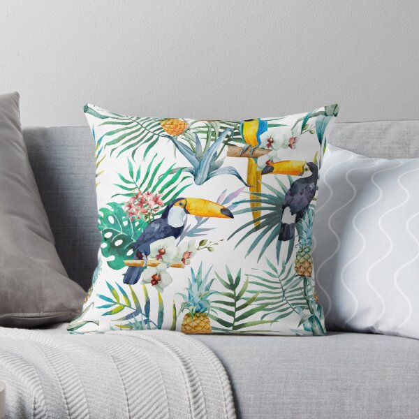 Tropical summer Pineapple Parrot Bird watercolor Throw Pillow