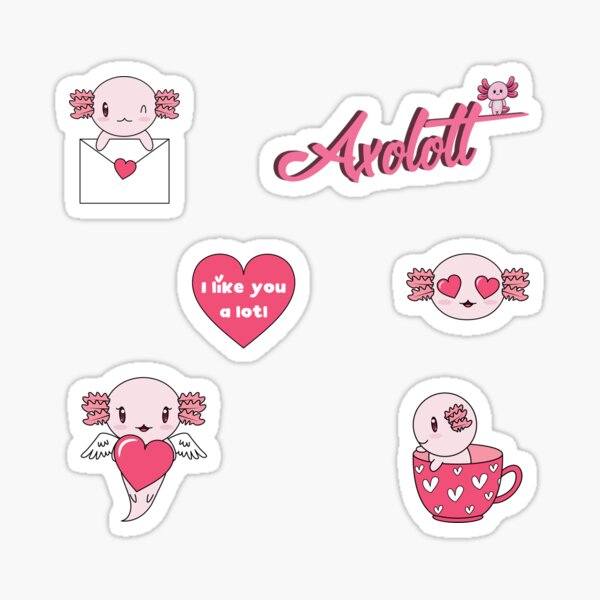 Vista previa del artículo con la obra «Cute Pink Axolotl Sticker Pack», diseñado y vendido por BeautyofColor.