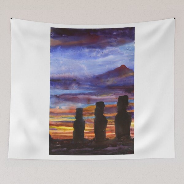 Item preview, Watercolor painting of enigmatic moai statues on Easter Island, Chile.   designed and sold by rfoxphoto.