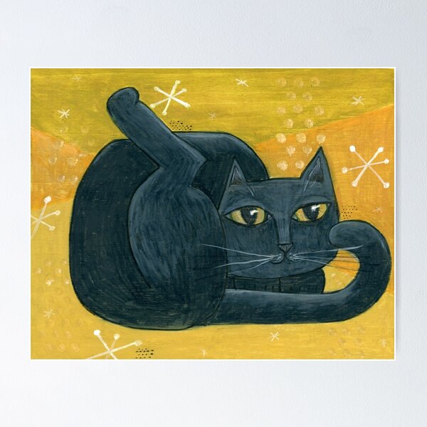 Mid-Century Modern Black Cat on Mustard Background Poster