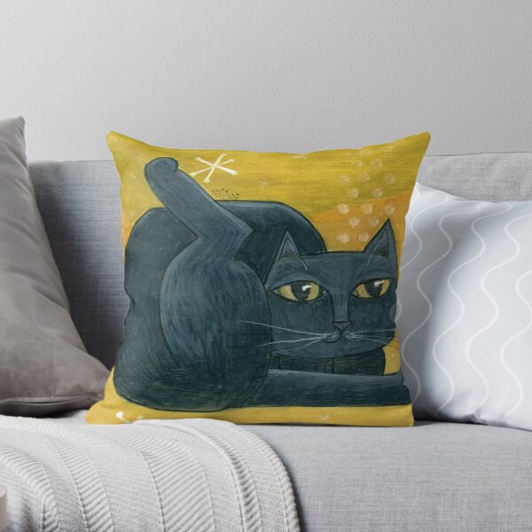 Mid-Century Modern Black Cat on Mustard Background Throw Pillow