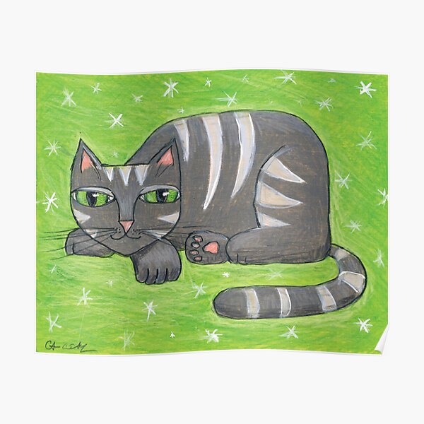Mid-Century Modern Gray Cat on Green Background Poster