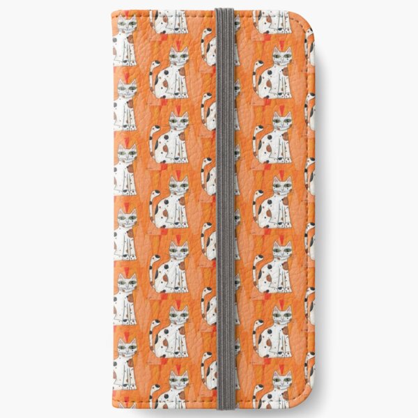 Mid-Century Modern Calico Cat on Orange Background iPhone Wallet
