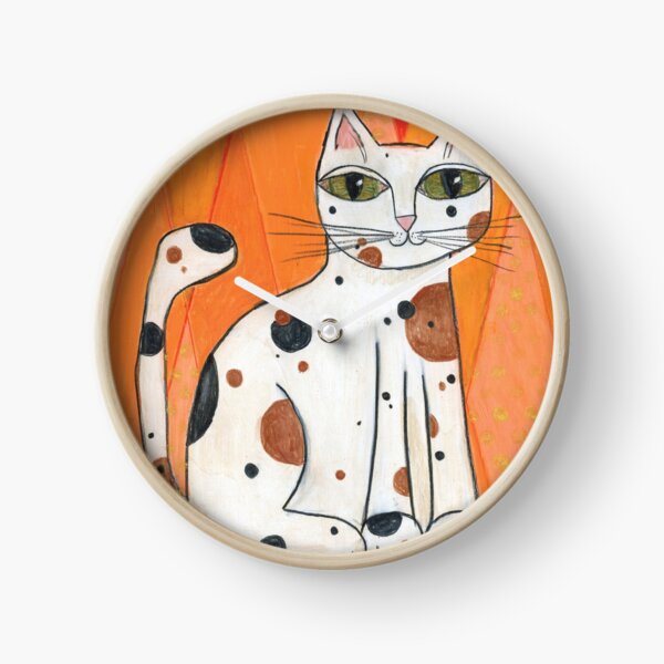 Mid-Century Modern Calico Cat on Orange Background Clock