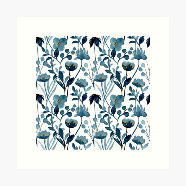 watercolor indigo flowers seamless pattern Art Print