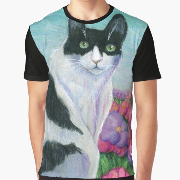 Black and White Cat in a Field of Flowers Graphic T-Shirt
