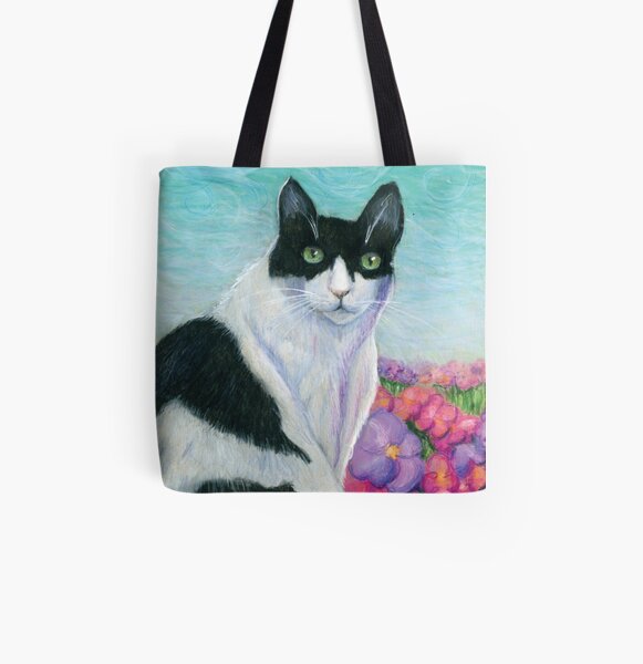 Black and White Cat in a Field of Flowers All Over Print Tote Bag