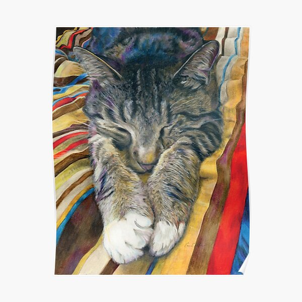 Sleeping Tabby Cat on Colorful Stripes Poster