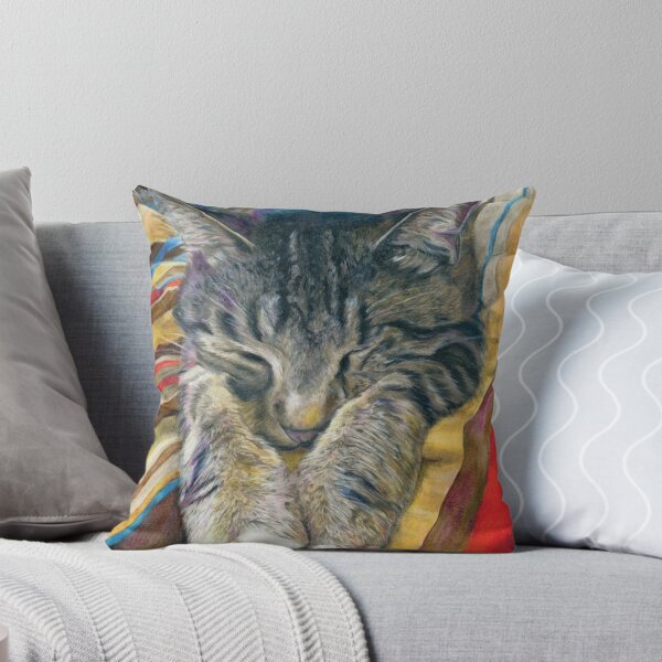 Sleeping Tabby Cat on Colorful Stripes Throw Pillow