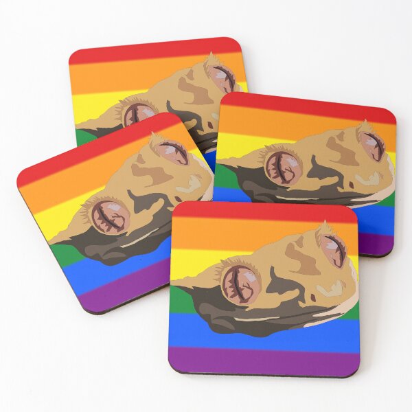 Item preview, Rainbow pride flag behind a crested gecko face  designed and sold by LeahcarsArt.