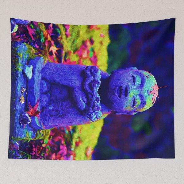 Item preview, Cute Japanese Buddha Monk Statue in Autumn Garden - Jizo Bodhisattva Bosatsu - Zen Oriental Buddhism Art - Indigo Blue designed and sold by Cawaiico.