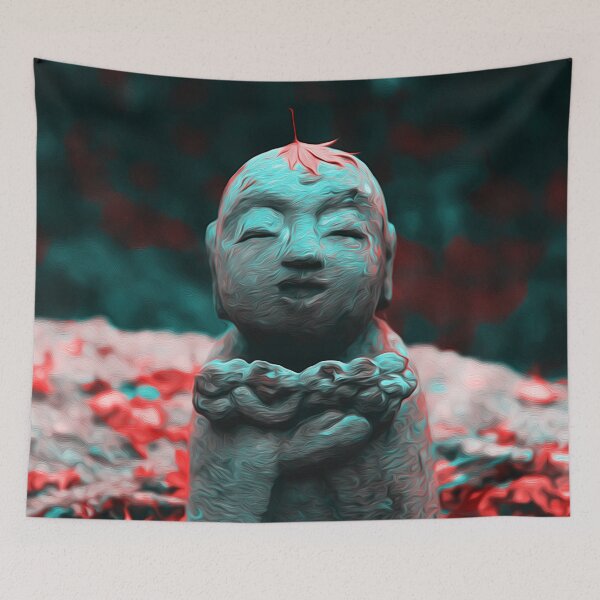 Item preview, Cute Japanese Buddha Monk Statue in Autumn Garden - Jizo Bodhisattva Bosatsu - Zen Oriental Buddhism Art - Light Turquoise designed and sold by Cawaiico.