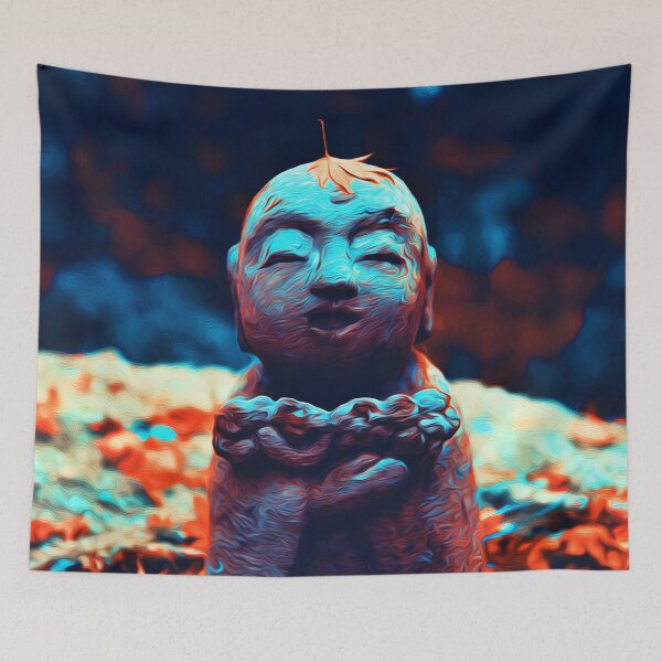 Item preview, Cute Japanese Buddha Monk Statue in Autumn Garden - Jizo Bodhisattva Bosatsu - Zen Oriental Buddhism Art - Vibrant Turquoise designed and sold by Cawaiico.