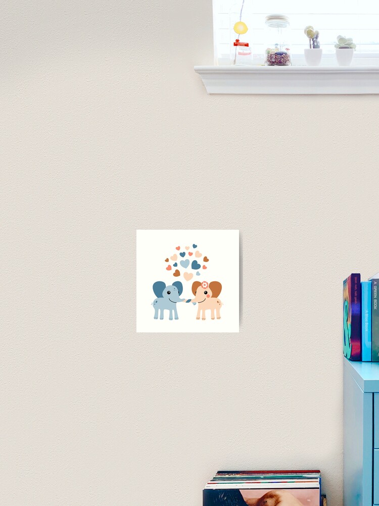 Thumbnail 1 of 3, Art Print, Cute elephants in love surrounded by hearts designed and sold by Gurby Griffiths.