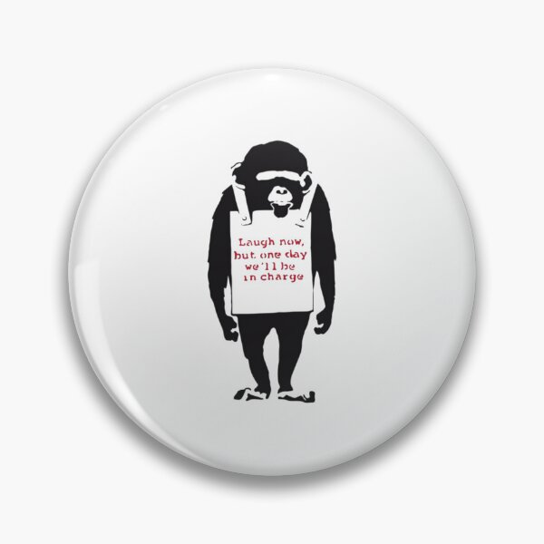 Item preview, Banksy Quote Monkey Chimpanze Laugh Now, but one day we'll be in charge Graffiti Street art with Banksy signature tag and funny red stripes  designed and sold by GiftShopHome.