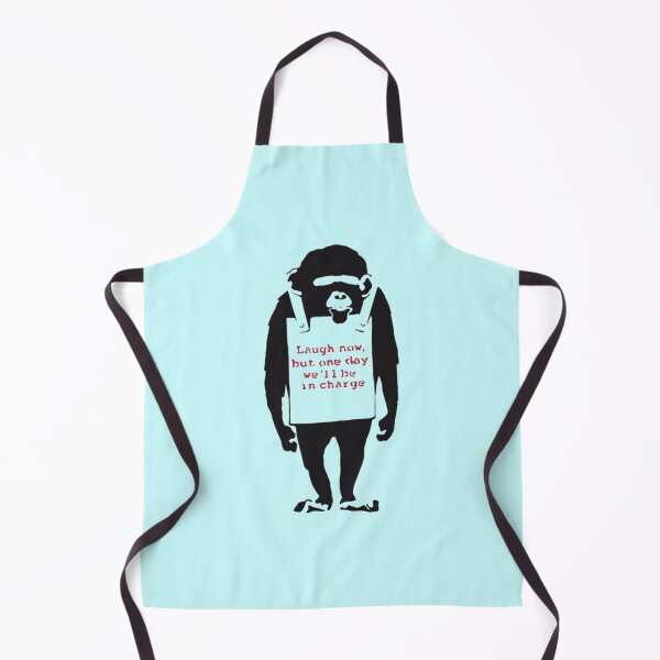 Item preview, Banksy Quote Monkey Chimpanze Laugh Now, but one day we'll be in charge Graffiti Street art with Banksy signature tag and funny red stripes designed and sold by GiftShopHome.