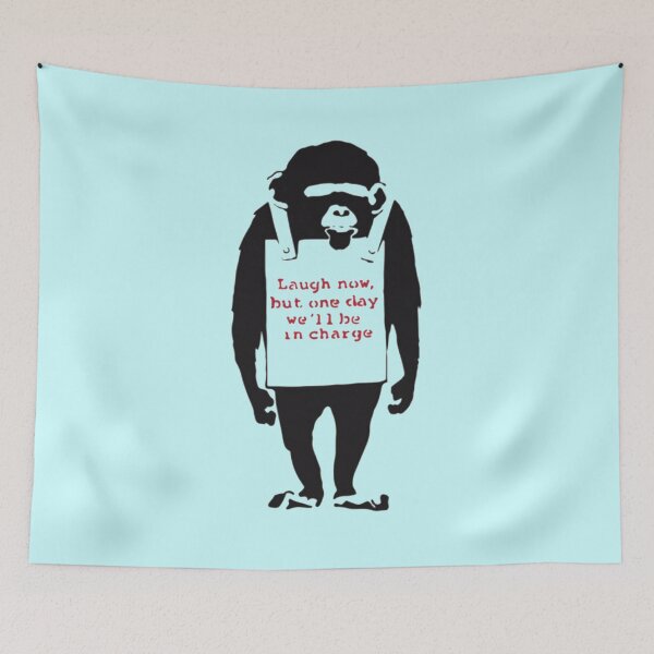 Item preview, Banksy Quote Monkey Chimpanze Laugh Now, but one day we'll be in charge Graffiti Street art with Banksy signature tag and funny red stripes  designed and sold by GiftShopHome.