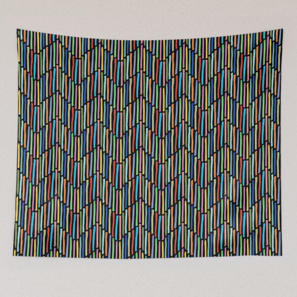 Item preview, Colorful vertical lines in chevron pattern on black background. Pattern design. Illusionist pattern designed and sold by Becky Hunter.