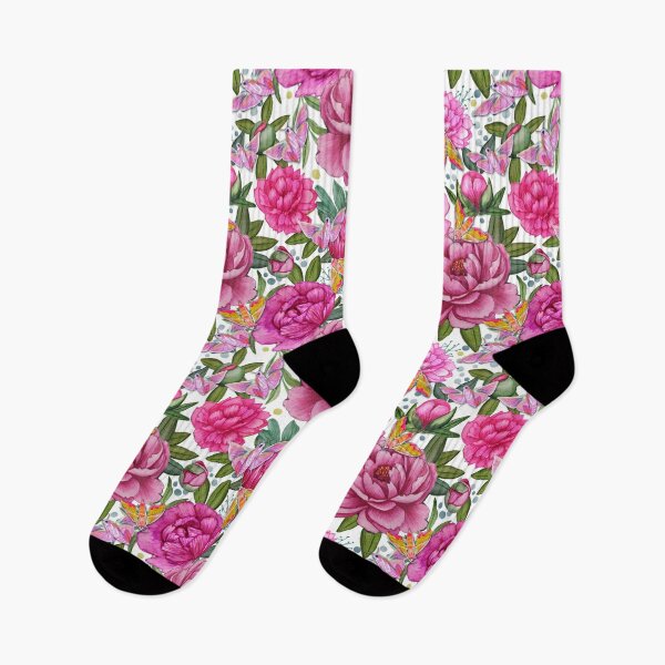 Item preview, Pink Peony with elephant hawk moths on white with abstract paint blobs by Magenta Rose Designs designed and sold by MagentaRose.