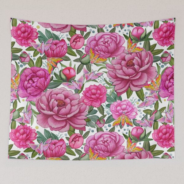 Item preview, Pink Peony with elephant hawk moths on white with abstract paint blobs by Magenta Rose Designs designed and sold by MagentaRose.