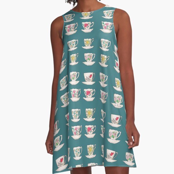 Grandma's Vintge Teacups Watercolour A-Line Dress