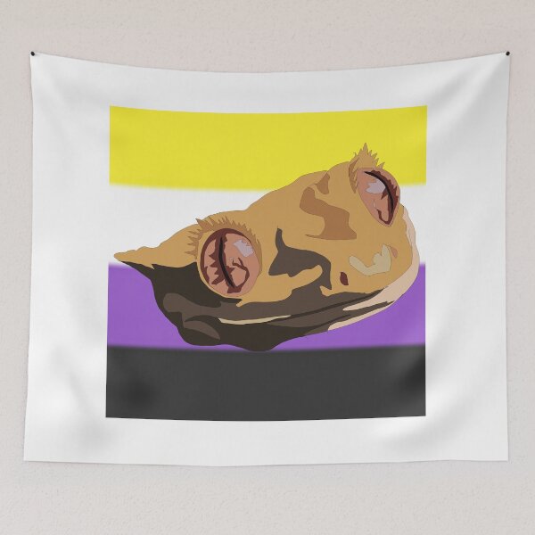 Item preview, Non-binary pride flag behind a crested gecko designed and sold by LeahcarsArt.