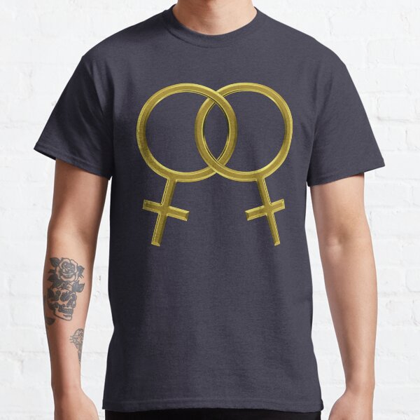 Two Interlocking Female Symbols (golden design - blue background) Classic T-Shirt