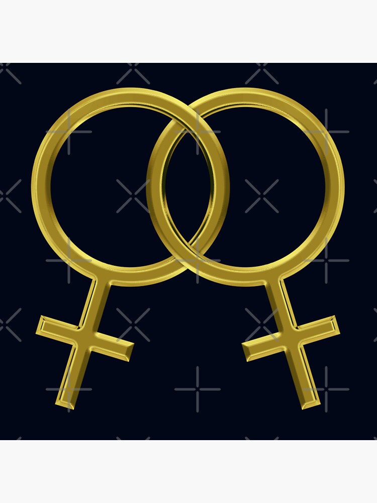 Two Interlocking Female Symbols (golden design - blue background) by Gay-Pride-Depot