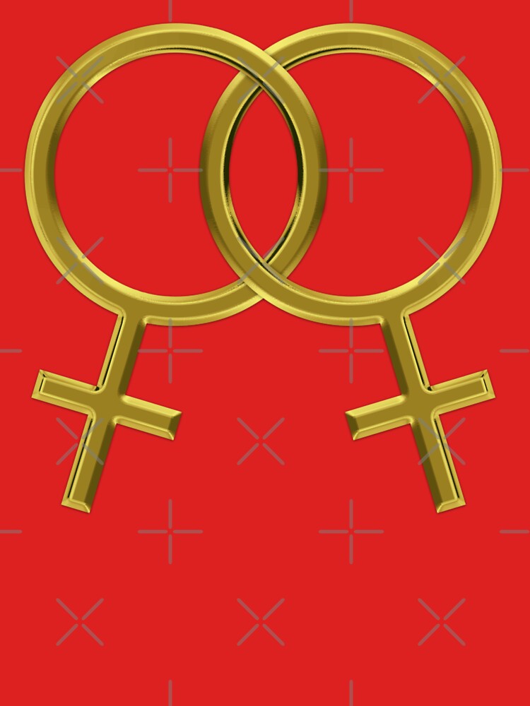 Two Interlocking Female Symbols (golden design - red background) by Gay-Pride-Depot