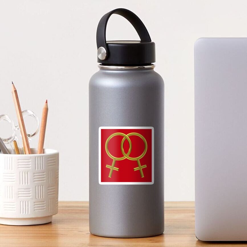 Two Interlocking Female Symbols (golden design - red background) Sticker
