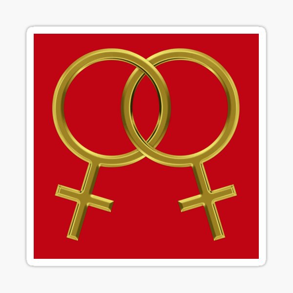 Two Interlocking Female Symbols (golden design - red background) Sticker