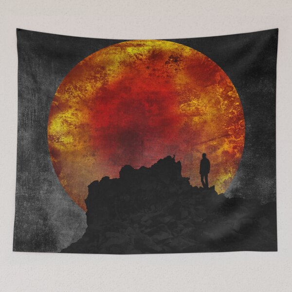 Item preview, ash and fire - Dark Mountain Silhouette with Orange Sun designed and sold by Dyrk Wyst Redbubble Shop.