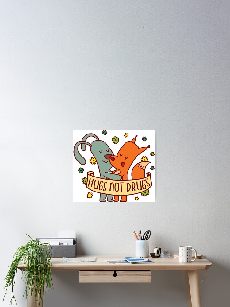 Hugs Not Drugs T-Shirt With Cute Bunny And Fox Hugging Hugs Not Drugs T-Shirt With Cute Bunny And Fox Hugging