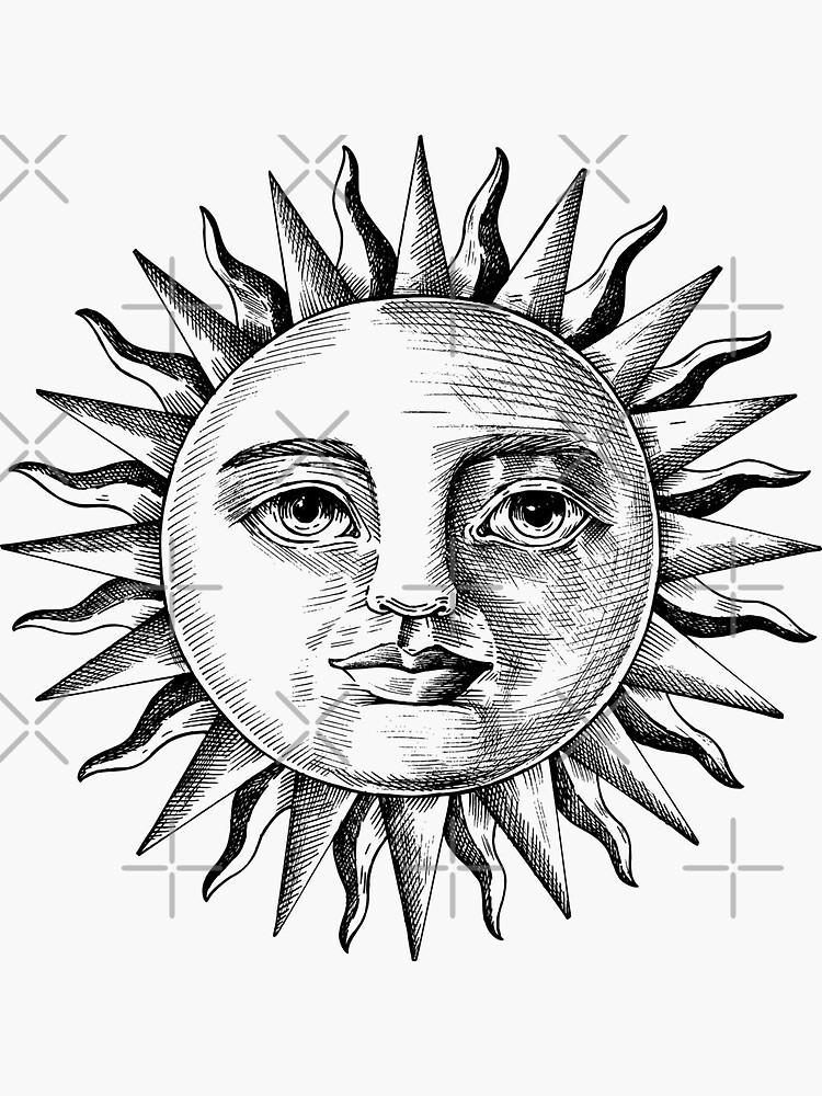 "Medieval sun etching illustration (black on white)" Sticker for Sale