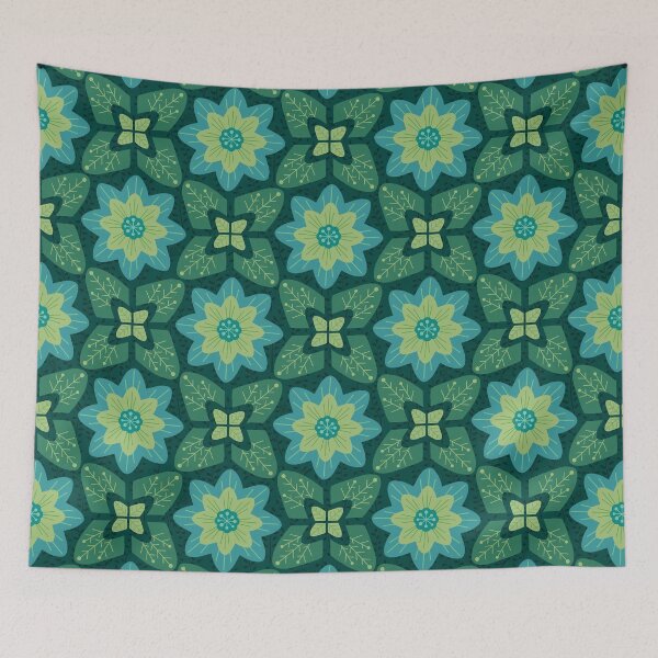 Item preview, Nordic Flower Tiles in Cosy Blue Greens designed and sold by PaisleyMcNoodle.
